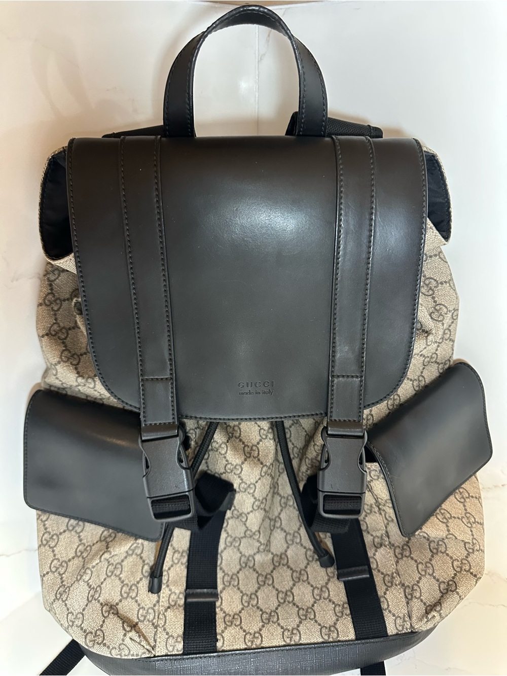 Gucci Beige GG Canvas Backpack with Black Leather Trim